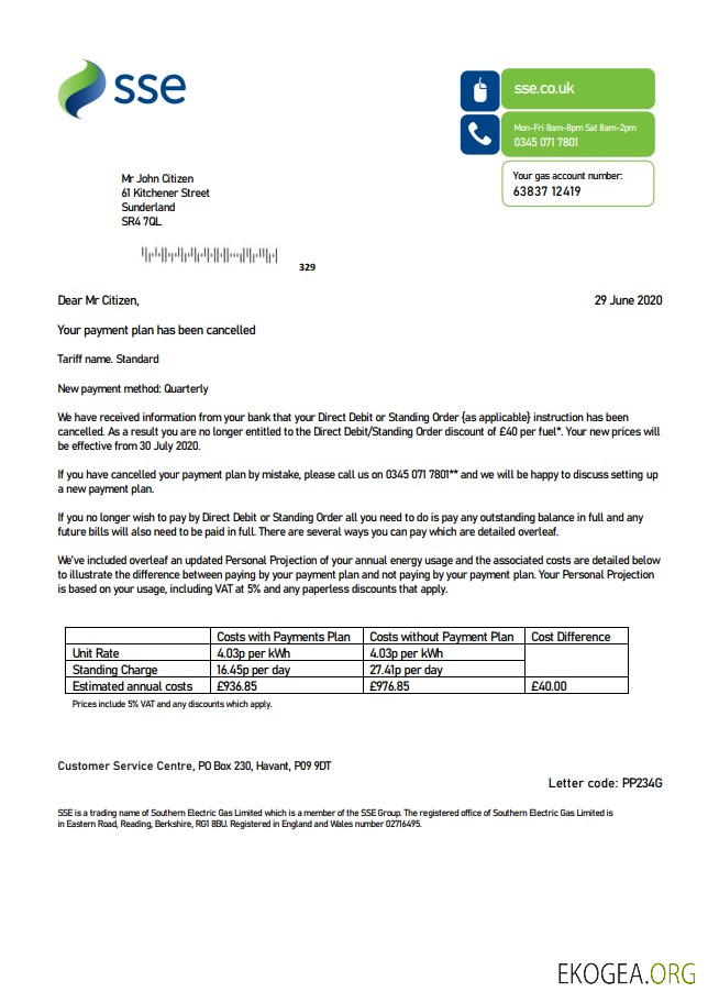 United Kingdom SSE Energy utility bill template in Word and PDF format, version 1
